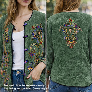 Indigo Moon Embroidered Boho Artsy Green Jacket Cottagecore Eclectic Cardigan L